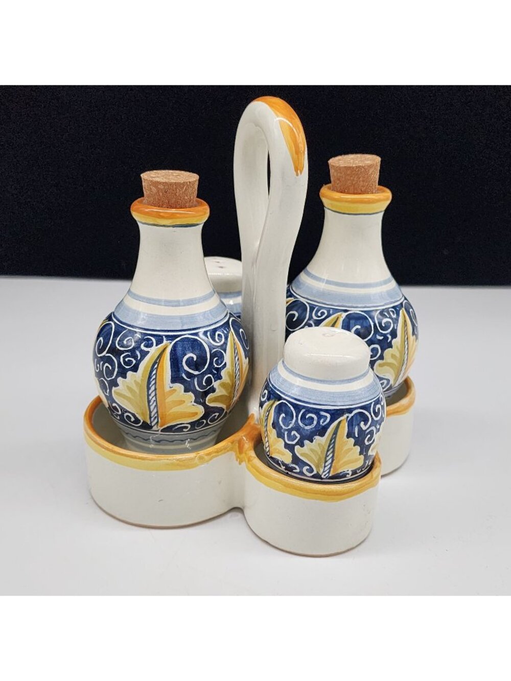 Radda Italian Ceramic Condiment Set With Oil Vinegar Salt Pepper & Caddy Signed